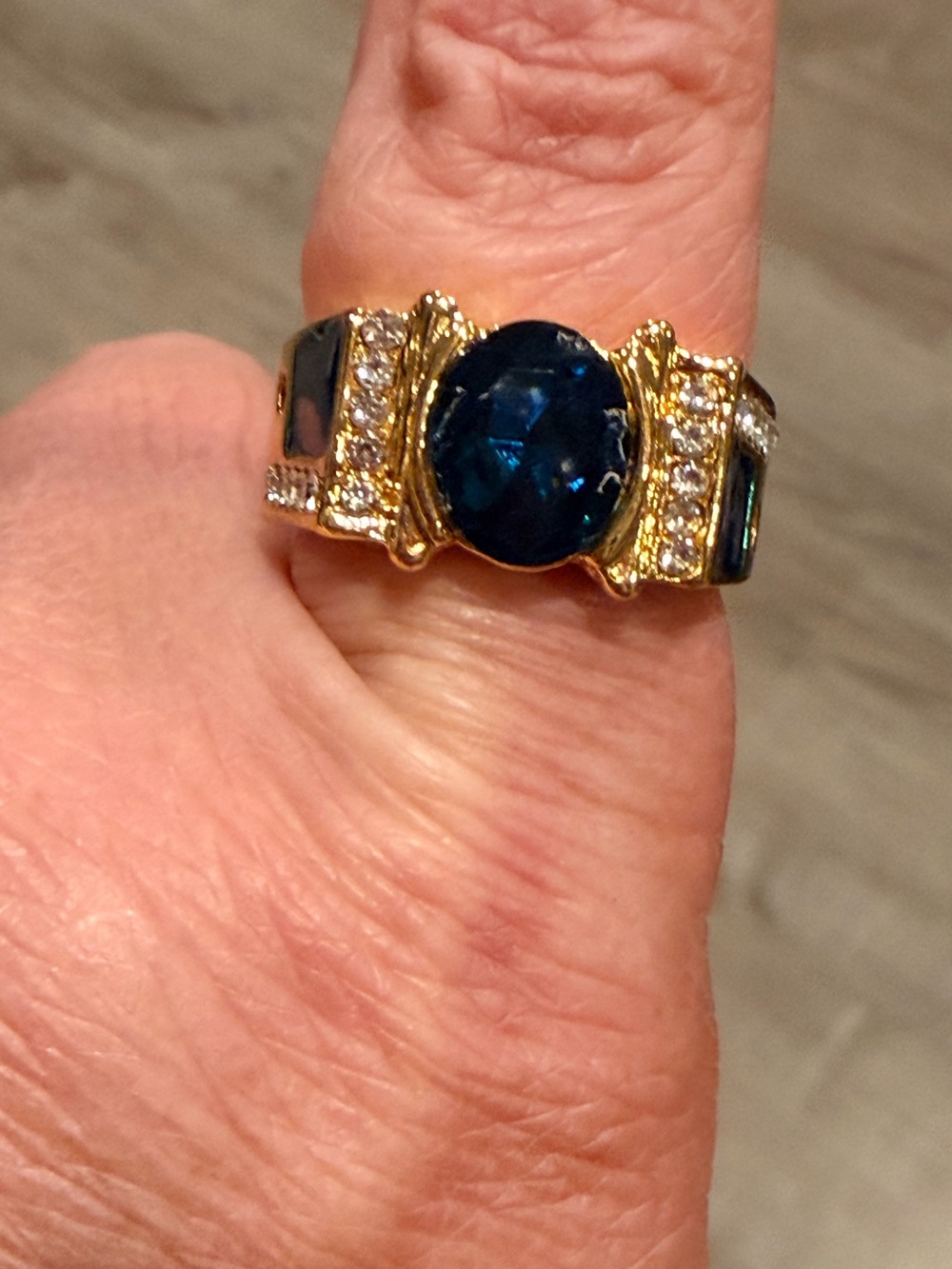 Gold Ring Deep Blue Center Stone, Enamel accents and Clear Accent Stones size 10